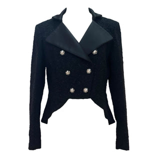 Chanel Black Textured Wool Cropped Jacket with Satin Lapel