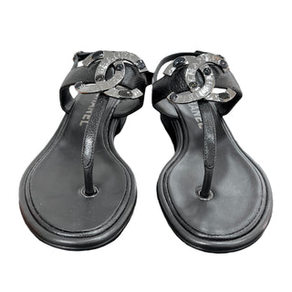 Chanel Black Interlocking CC Logo T-Strap Sandals