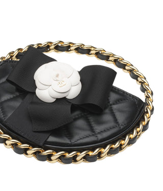 Chanel Black Micro Lambskin Hoop Bag With Camellia Detailing