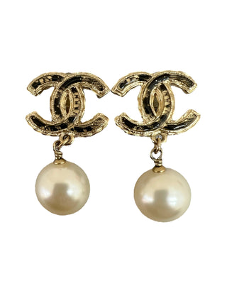 Chanel Gold-Tone CC Logo Earrings with Faux Pearl Drop
