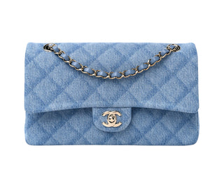 Chanel Printed Denim Quilted Medium Light Blue Double Flap Bag