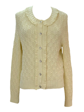 Chanel Light Yellow CC Button Fringed Lace Cardigan