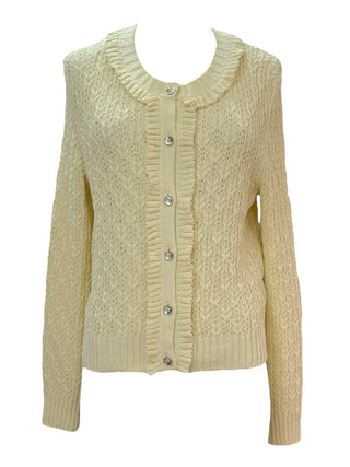Chanel Light Yellow CC Button Fringed Lace Cardigan