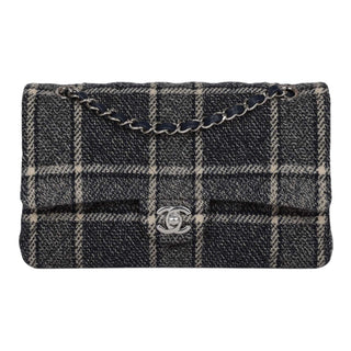 Chanel Medium Navy Tweed Checkered Classic Double Flap Bag With PHW