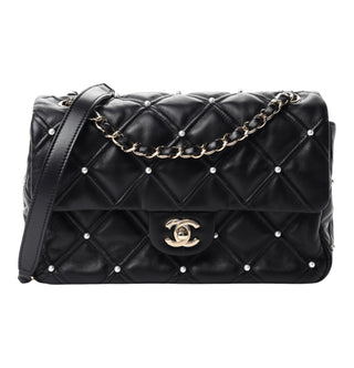 Chanel Black Lambskin Quilted Pearl Studded Flap Bag With GHW