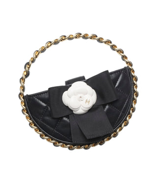 Chanel Black Micro Lambskin Hoop Bag With Camellia Detailing