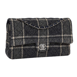 Chanel Medium Navy Tweed Checkered Classic Double Flap Bag With PHW