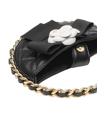 Chanel Black Micro Lambskin Hoop Bag With Camellia Detailing