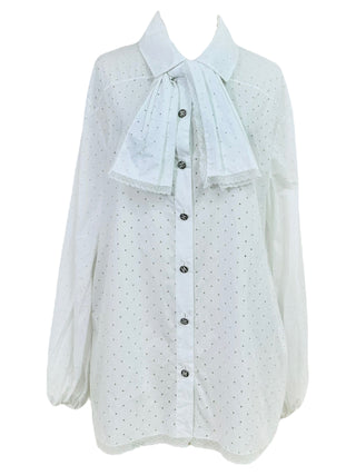 Chanel Lace Trim White Bow-Tie Blouse