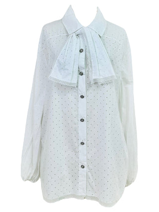 Chanel Lace Trim White Bow-Tie Blouse