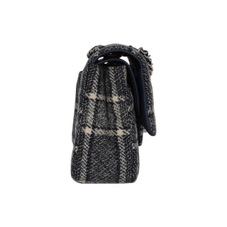 Chanel Medium Navy Tweed Checkered Classic Double Flap Bag With PHW