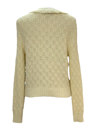 Chanel Light Yellow CC Button Fringed Lace Cardigan