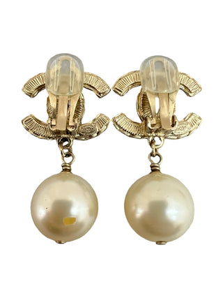 Chanel Gold-Tone CC Logo Earrings with Faux Pearl Drop