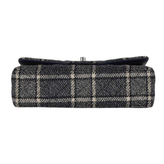 Chanel Medium Navy Tweed Checkered Classic Double Flap Bag With PHW