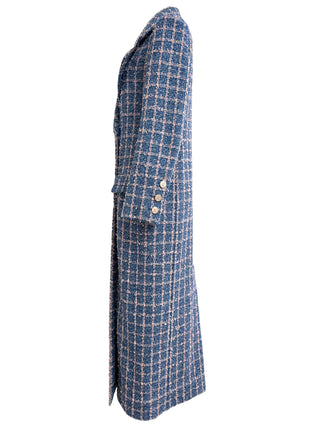 Chanel S23 Blue & Pink Checkered Tweed Double-Breasted Long Coat