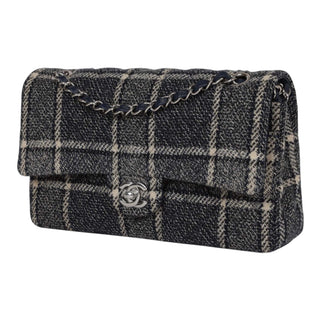 Chanel Medium Navy Tweed Checkered Classic Double Flap Bag With PHW