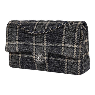 Chanel Medium Navy Tweed Checkered Classic Double Flap Bag With PHW