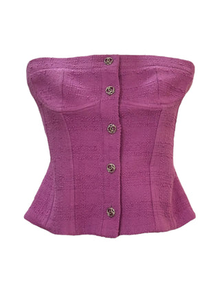 Chanel Purple Tweed Strapless Bustier With CC Buttons