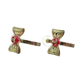 Chanel Gold & Pink Hoop Ribbon Coco Mark Collar Stone Logo Earrings