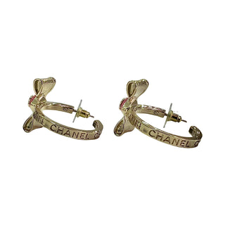 Chanel Gold & Pink Hoop Ribbon Coco Mark Collar Stone Logo Earrings