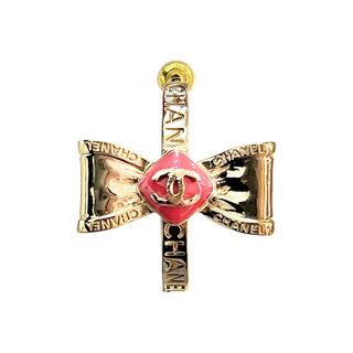 Chanel Gold & Pink Hoop Ribbon Coco Mark Collar Stone Logo Earrings