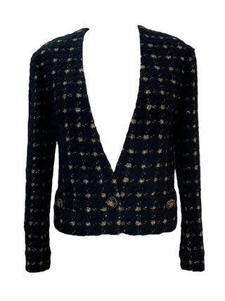 Chanel Gold Polka Dot V Neck Tweed Jacket