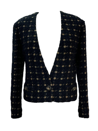 Chanel Gold Polka Dot V Neck Tweed Jacket