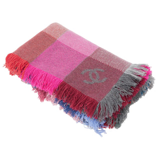 Chanel Blue & Pink Cashmere Check CC Logo Blanket Throw