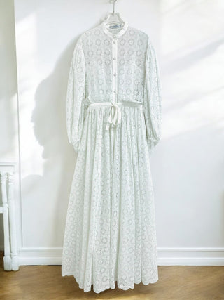 Christian Dior White Cotton Maxi Dress with Lace Cut-Out and Waist Tie