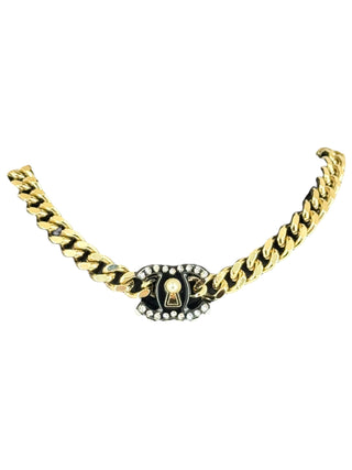 Chanel Keyhole CC Pendant Chunky Gold Curb Chain Necklace With Crystal & Pearl Detail