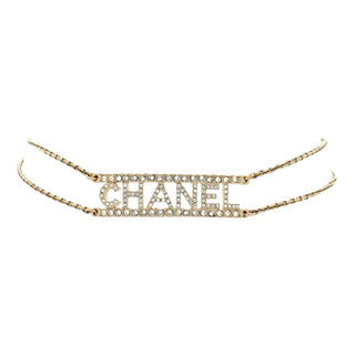 Chanel Gold Metal Crystal Logo Choker Necklace