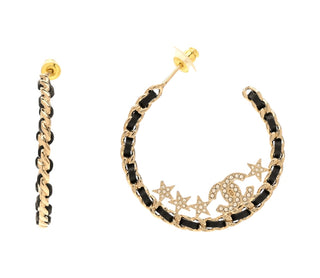 Chanel Black Lambskin Crystal CC Star Chain Hoop Earrings