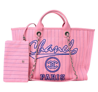 Chanel Pink & Blue Striped Canvas Large Deauville Tote Bag