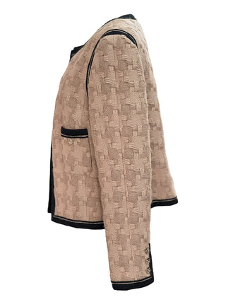 Chanel Beige Woven Tweed Jacket with Black Trim & Logo Buttons