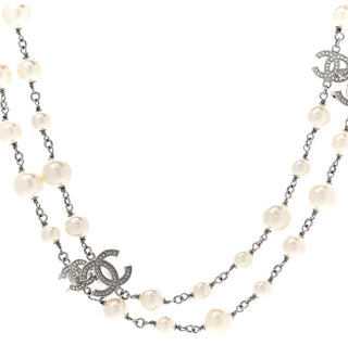 Chanel Silver Crystal Pearl CC Long Necklace