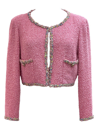Chanel Pink Bouclé Tweed Cardigan Jacket With Textured Rainbow Trim