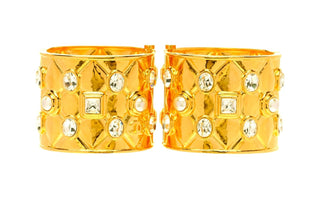 Chanel Gold Strauss Pearl Crystal Quilted Hinged Cuff Set Of 2