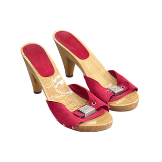 Chanel Red Suede Wooden Mules with Silver CC Plate