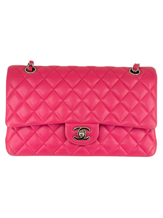 Chanel Hot Pink Lambskin Quilted Medium Double Flap Bag With PHW