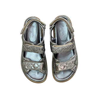Chanel Quilted Metallic Silver Leather Dad Sandals
