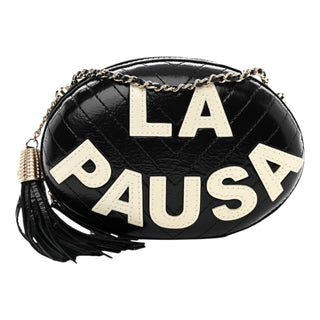 Chanel Black Lambskin Embroidered Chevron Quilted La Pausa Tassel Clutch