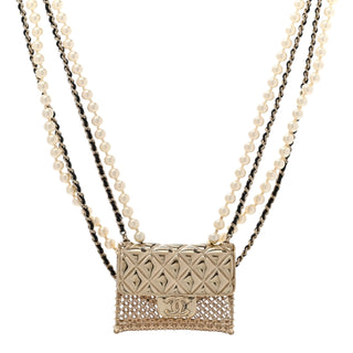 Chanel Gold Metal Pearly White Lambskin Pearl Chain Flap Bag Multi Strand Long Necklace