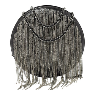 Chanel Black Leather Metal Fringe Round Chain Clutch