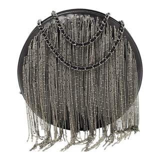 Chanel Black Leather Metal Fringe Round Chain Clutch