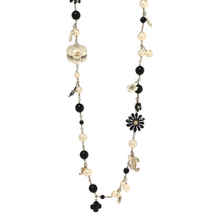 Chanel Black & White Pearl Camellia Charm CC Long Necklace