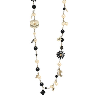 Chanel Black & White Pearl Camellia Charm CC Long Necklace