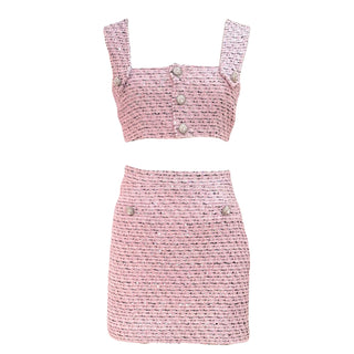 Alessandra Rich Pink Tweed Cropped Top & Mini Skirt Set with Crystal Buttons