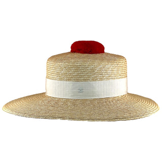 Chanel Natural Straw Boater Hat with Red Pom-Pom & White Grosgrain Band