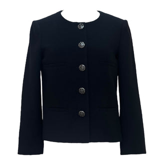 Chanel Black Bouclé Jacket with Camellia-Emblazoned Buttons