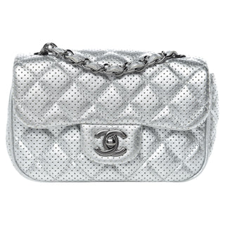 Chanel Silver Metallic Lambskin Perforated Mini Rectangular Flap Bag
